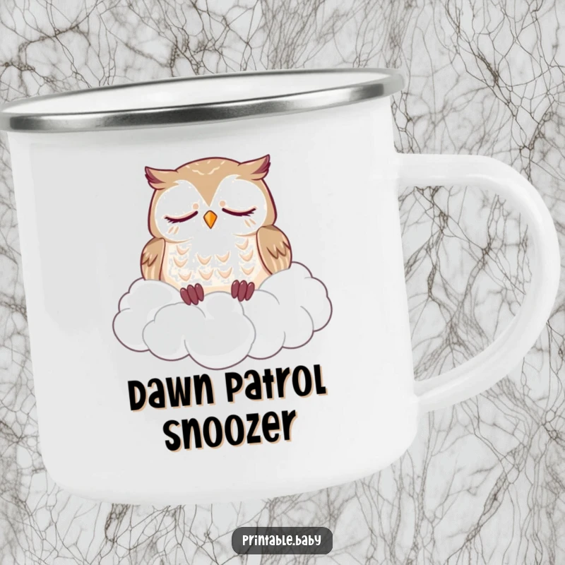 Funny camping mug featuring a sleepy owl dozing soundly on a fluffy pile of clouds, a humorous and sturdy mug for nature lovers.