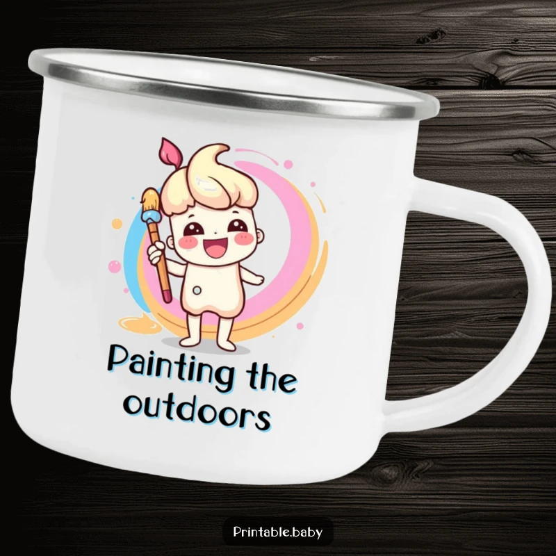 Funny Paintbrush Camping Mug: A robust camping mug printed with a cheerful paintbrush character painting a rainbow swirl, for outdoor artists.