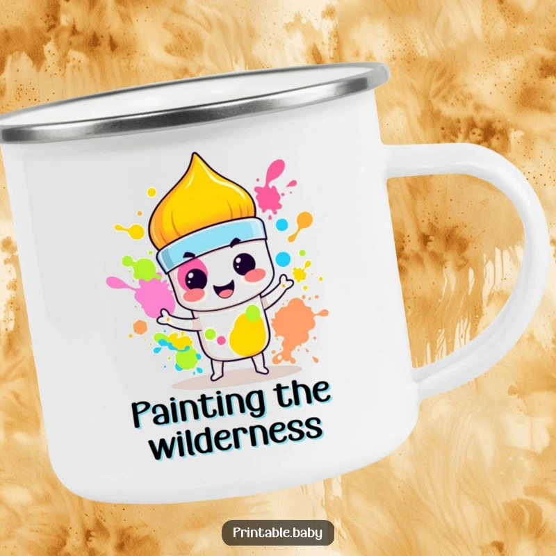 Funny Paintbrush Camping Mug: Sturdy mug featuring a mischievous paintbrush splashing vibrant colors with a smirk, perfect for outdoor artists.