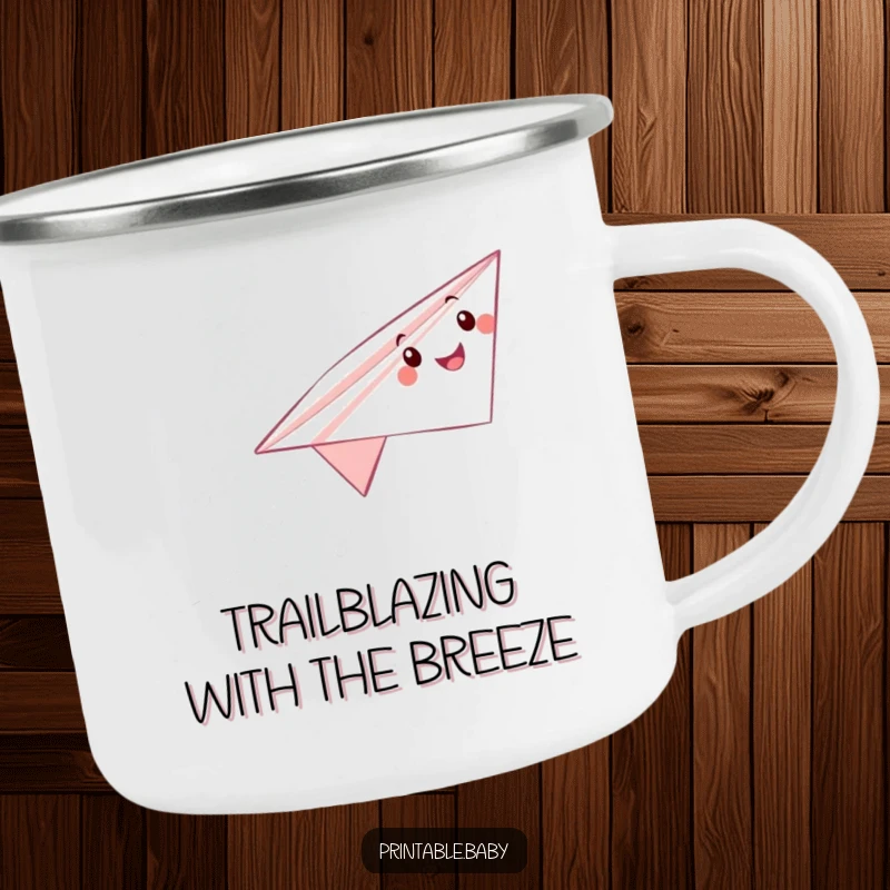 Funny paper airplane camping mug with a happy character soaring, leaving a trail, perfect for enjoying drinks outdoors.