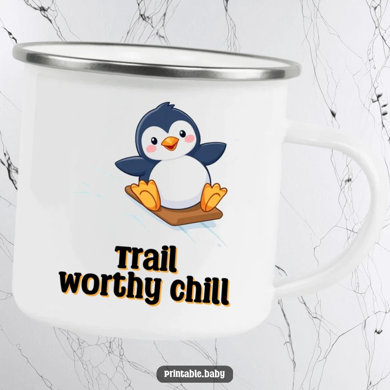 Funny camping mug with a happy penguin sliding down a starry, icy slope, celebrating outdoor adventure and arctic whimsy.