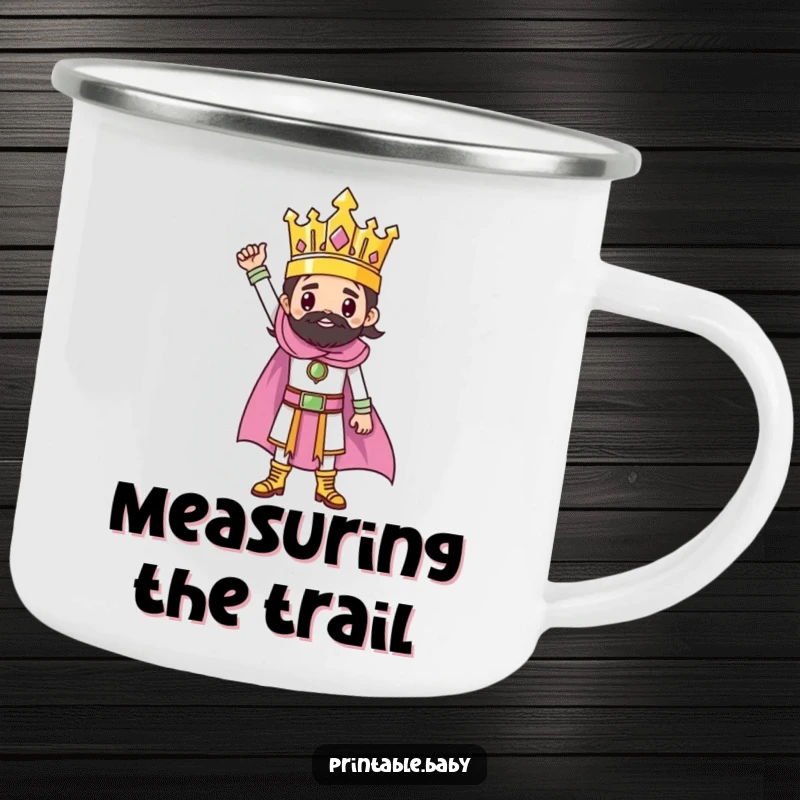Funny enamel camping mug with a triumphant ruler character standing on a finished drawing.