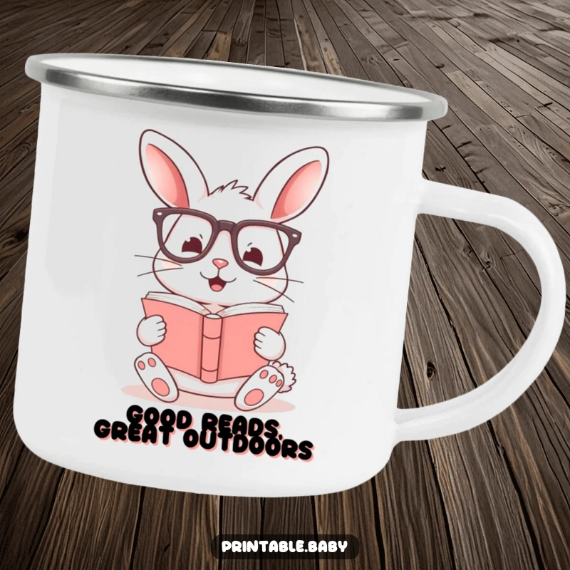 Funny enamel camping mug with a cheerful bunny wearing glasses, ready for outdoor adventures and laughter.