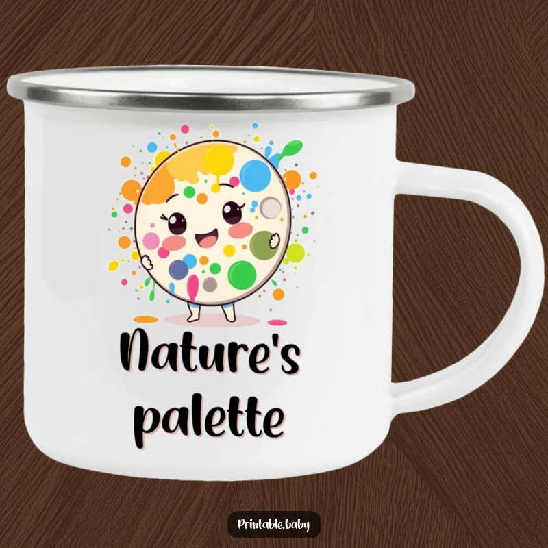 Funny Paint Palette Camping Mug: A cheerful paint palette character splattering colors, perfect for artists on the go.