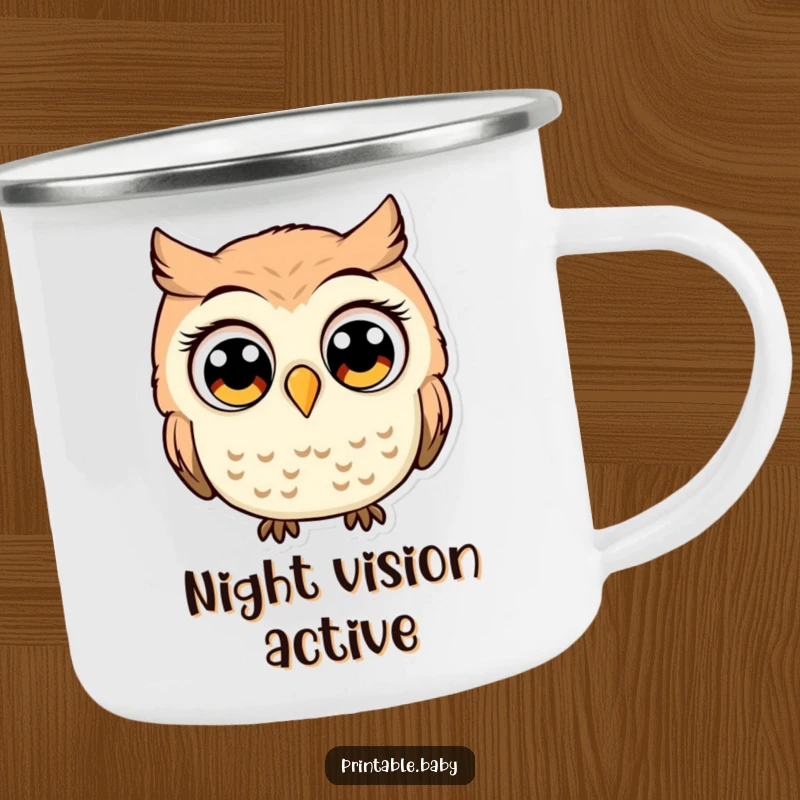 Funny owl with comically large, wide eyes, looking startled, a humorous camping mug for wide-eyed outdoor enjoyment.