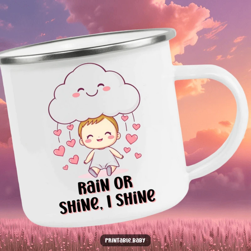 Funny cloud camping mug, smiling and raining hearts onto a happy child, perfect for adventures.