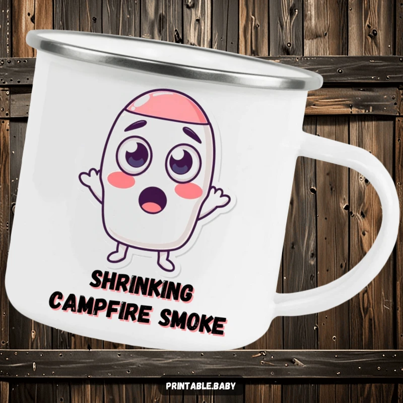 Funny camping mug with a startled eraser character and big eyes shrinking a shape, ready for outdoor adventures and laughs.