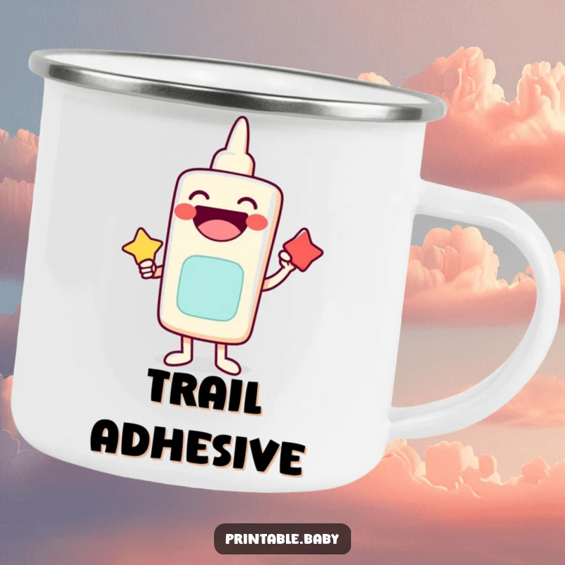 Funny camping mug with a laughing glue stick character sticking shapes together, durable and ready for adventure.