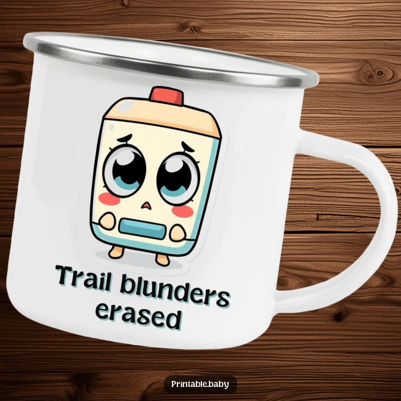 Funny Eraser Camping Mug: A surprised eraser character watches a mistake disappear, perfect for outdoor enthusiasts embracing humor.