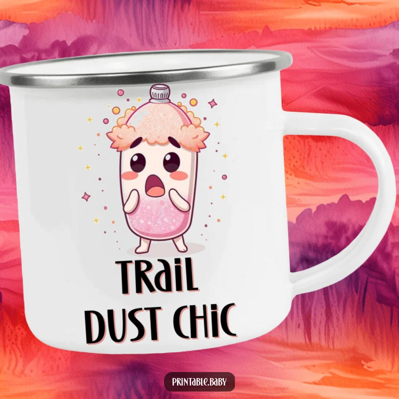Funny camping mug with a surprised glitter shaker character erupting shimmering dust, perfect for outdoor humor.