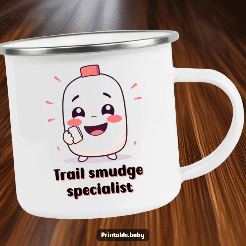 Funny camping mug with a mischievous eraser character happily erasing a funny face, perfect for outdoor humor.