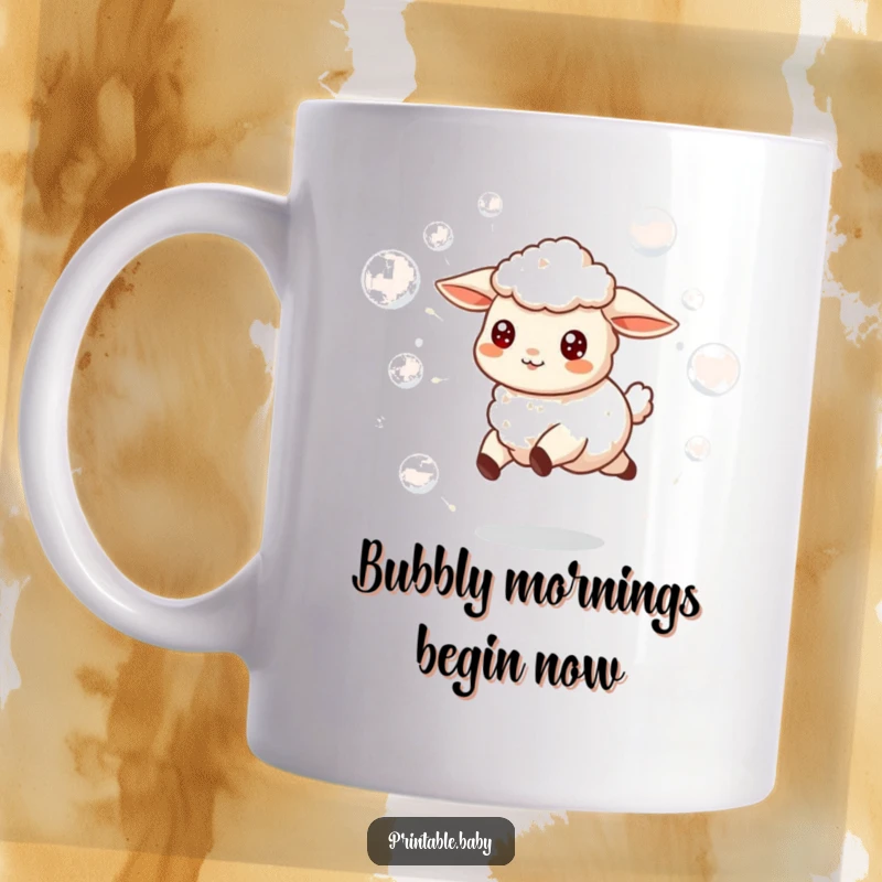 Funny mug featuring a lively lamb skipping joyfully amidst a shower of iridescent floating bubbles.