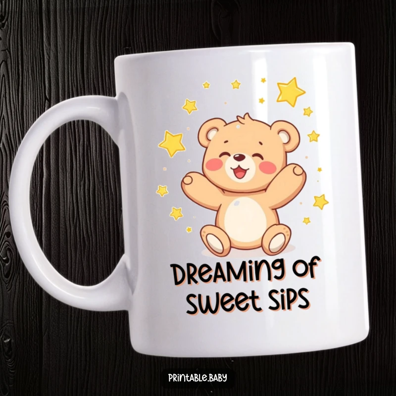 Funny teddy bear mug, delighted and catching falling sparkling stars with joy.