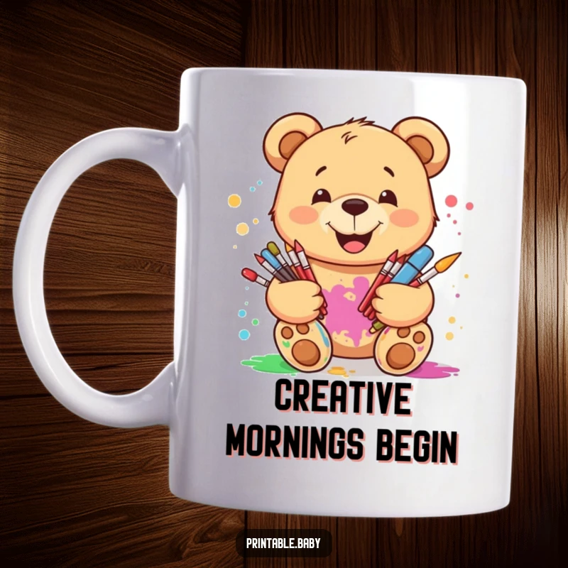 Funny smiling teddy bear mug, holding art supplies with paint splatters, ideal for creative minds and art lovers.