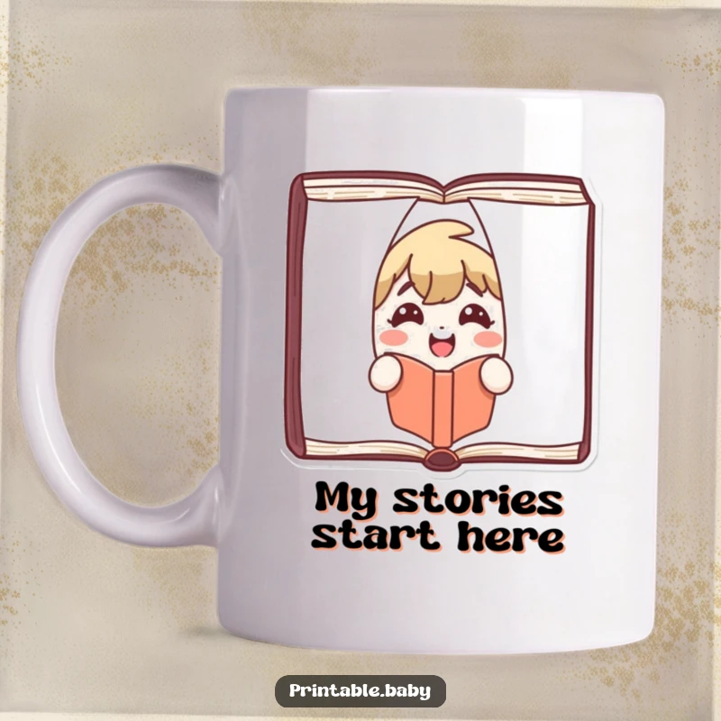 Funny Mug showing a joyful, smiling book character peeking playfully from between the pages of an open book.