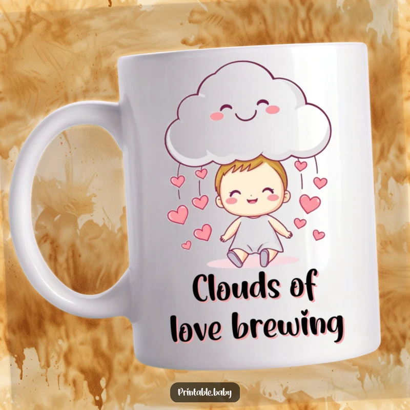Funny cloud mug, smiling and raining tiny hearts onto a happy child, symbolizing love and joy.