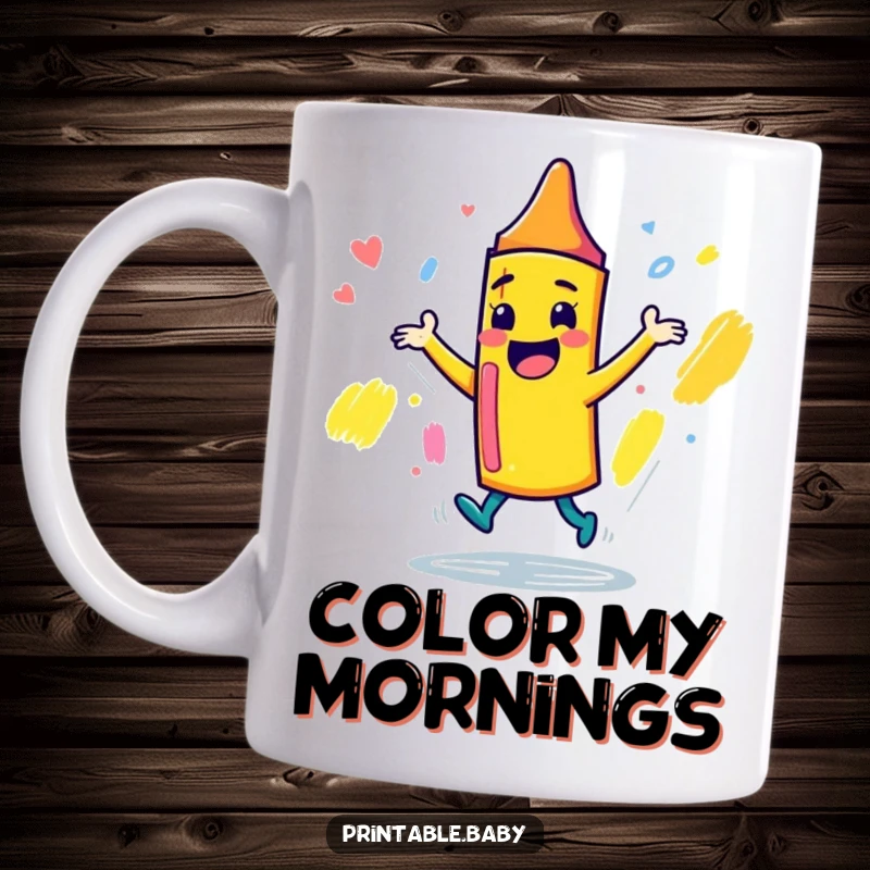 Funny playful crayon character mug, dancing joyfully around a sketchbook, symbolizing creative energy and artistic fun.