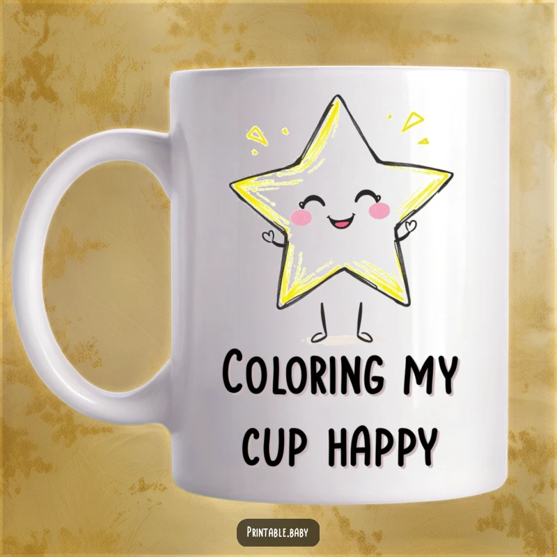 Funny crayon character mug showing a smiling crayon drawing a star with a joyful flourish, a delightful creative gift.