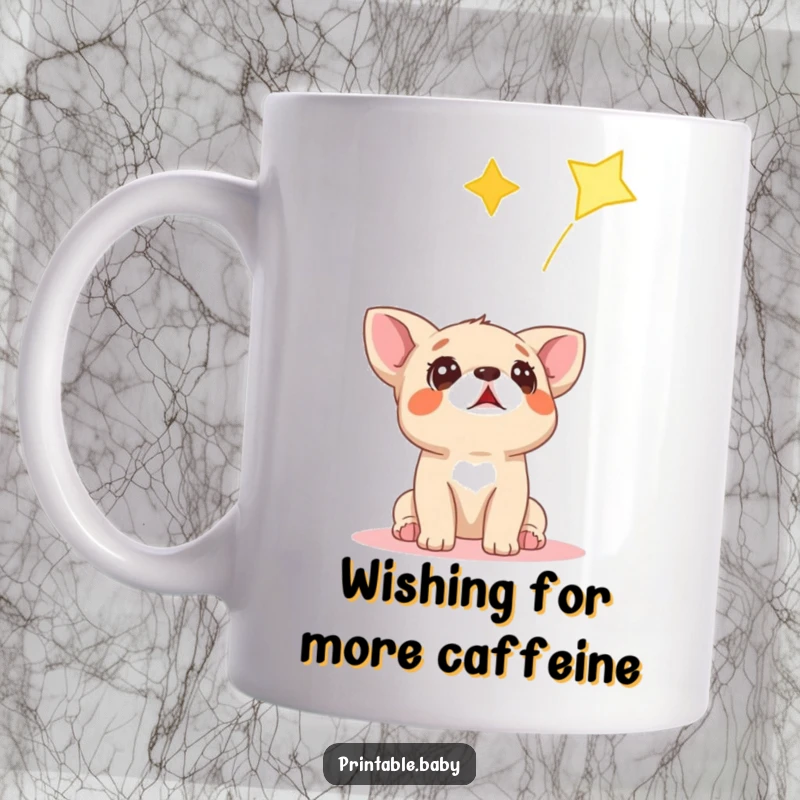 Funny mug showing a wide-eyed puppy looking up in surprise at a shooting star in the night sky.
