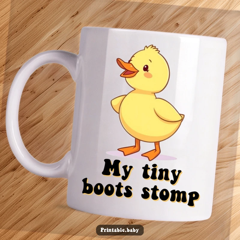 Funny Duckling Waddling Boots Mug: A joyous and energetic duckling sporting miniature boots, spreading cheer with every step.