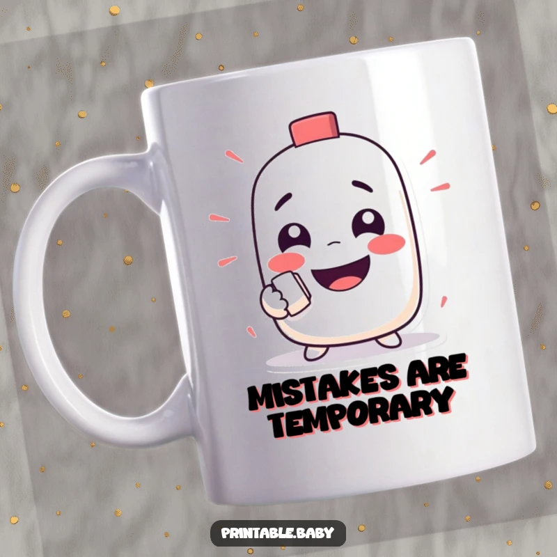 Funny mug with a mischievous eraser character happily rubbing out a funny face, conveying playful and humorous intent.