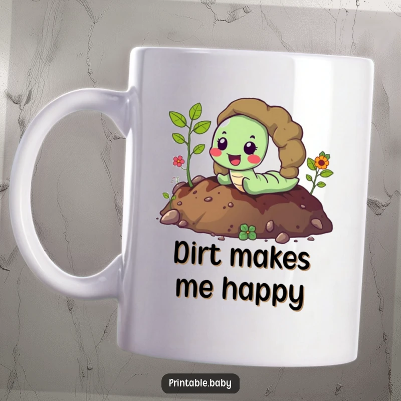 Funny happy worm joyfully tunneling through vibrant, rich soil, leaving a trail, a humorous mug for earth lovers.