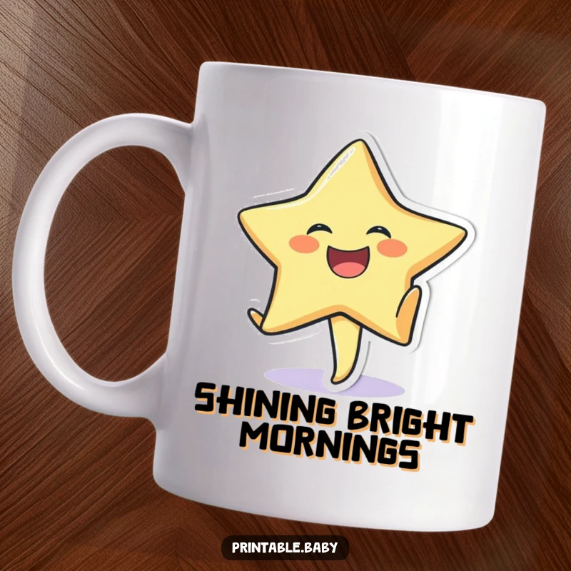 Funny mug featuring a laughing star sticker character energetically doing a cartwheel on textured paper.