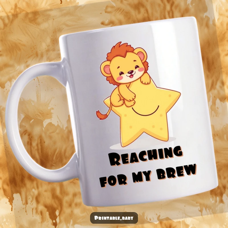 Funny mug depicting a brave lion cub heroically climbing a giant, smiling star, symbolizing aspiration and courage.