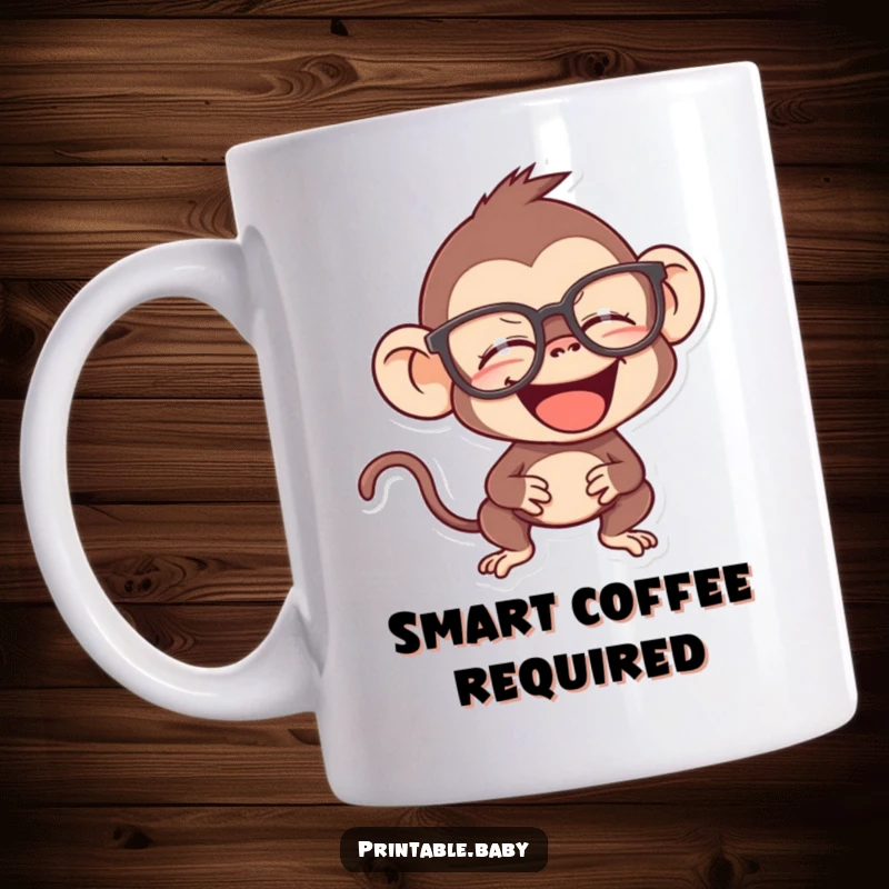 Funny monkey mug, mischievous primate giggling while wearing oversized spectacles, looking incredibly smart and playful.