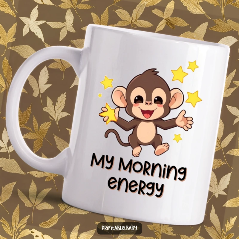 Funny mug featuring a mischievous monkey juggling bright, glowing stars, a whimsical and humorous celestial display.