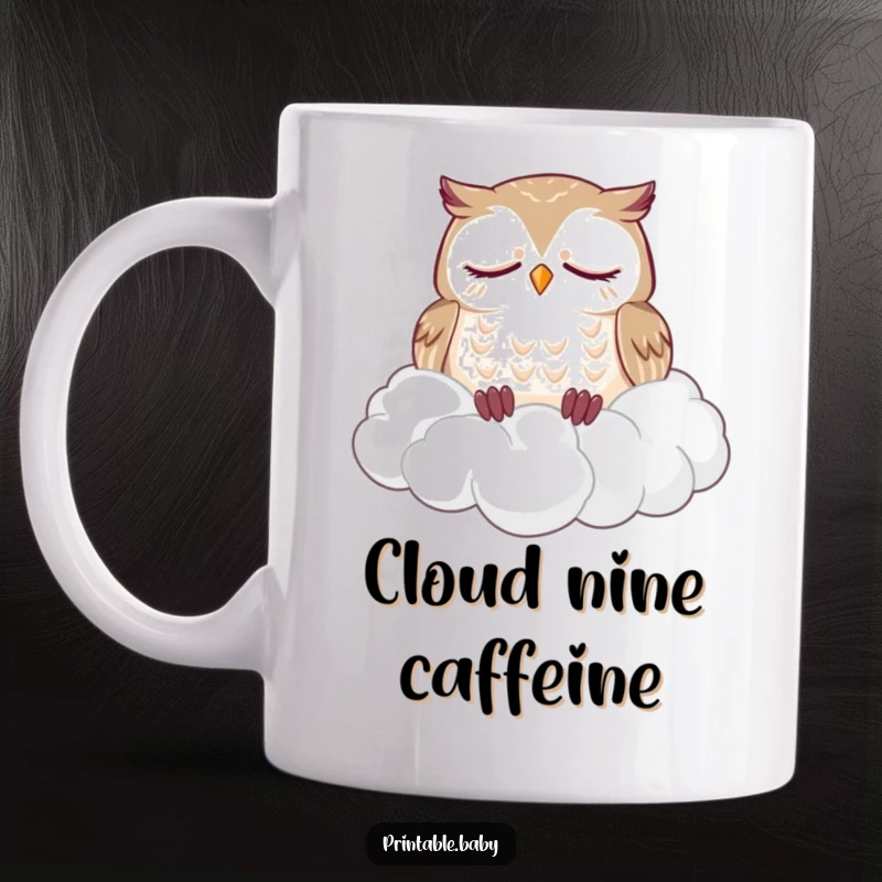 Funny mug featuring a sleepy owl dozing soundly on a fluffy pile of clouds, evoking peace and humor.