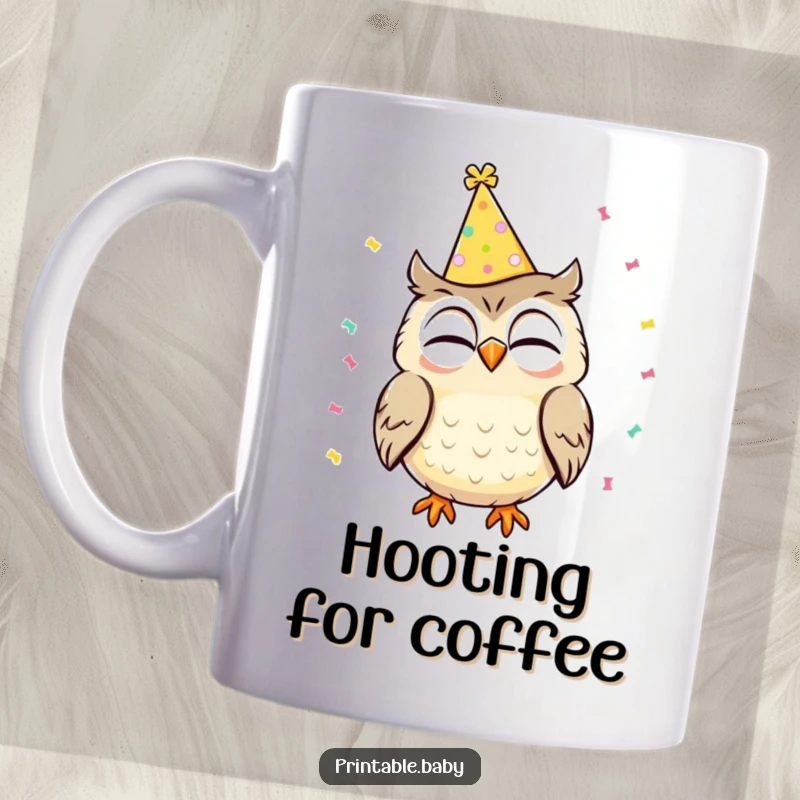 Funny mug featuring a giggling owl wearing a festive party hat, with colorful confetti falling around it, celebrating joyfully.