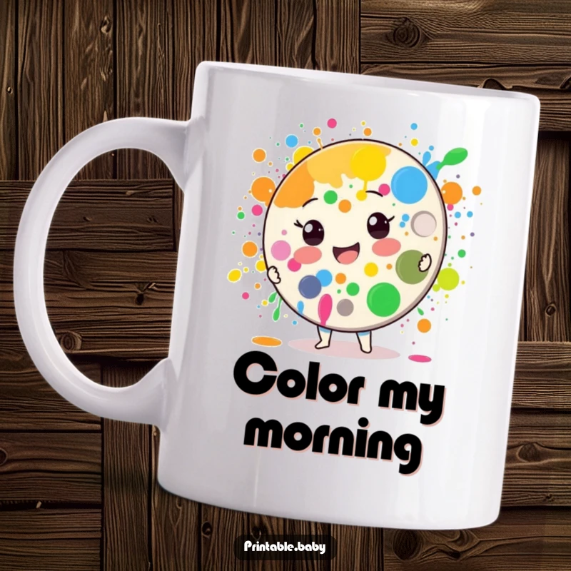 Funny Paint Palette Mug: A cheerful paint palette character joyfully splatters bright colors, celebrating art and happiness.