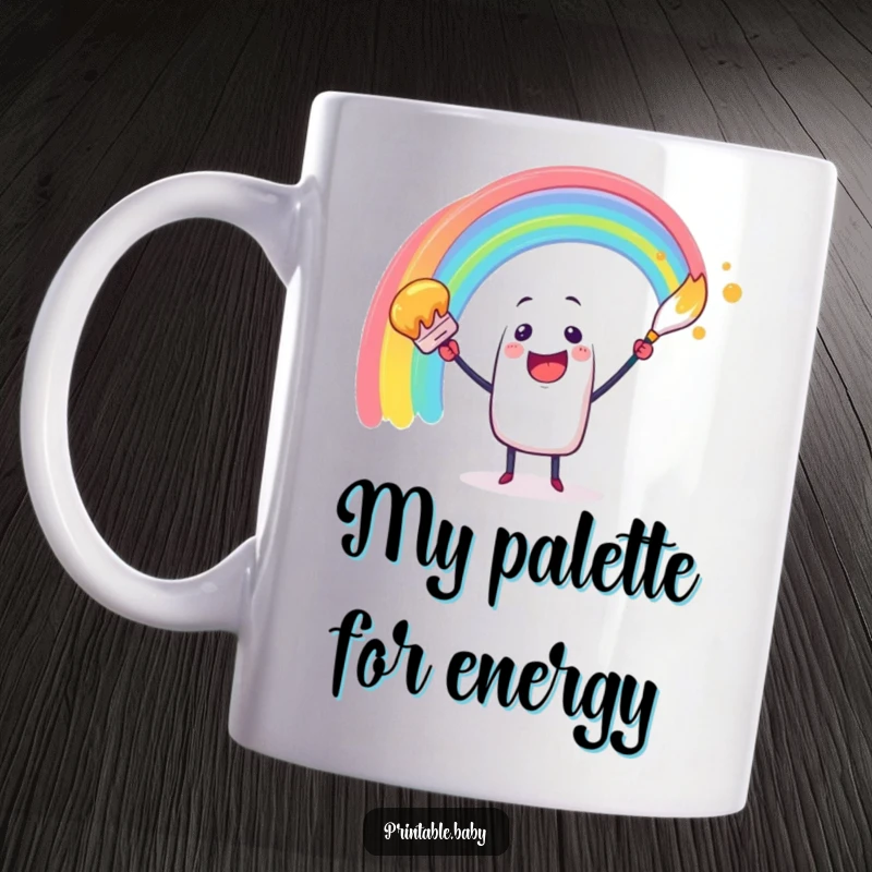 Funny mug depicting a cheerful paintbrush character enthusiastically swirling a vibrant, colorful rainbow arc, symbolizing creativity and joy.