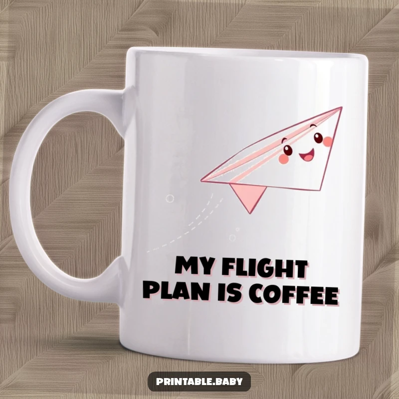 Funny paper airplane mug with a happy character soaring high, leaving a delightful trail, perfect for anyone who loves to dream.