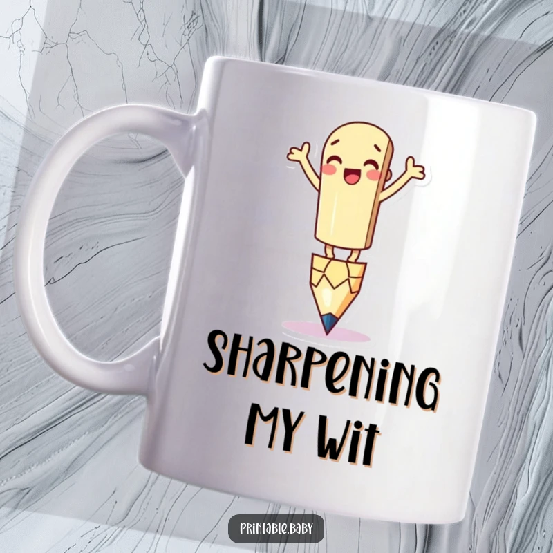 Funny Pencil Mug: A silly pencil character attempting to balance on its tip with arms waving, perfect for a humorous gift.