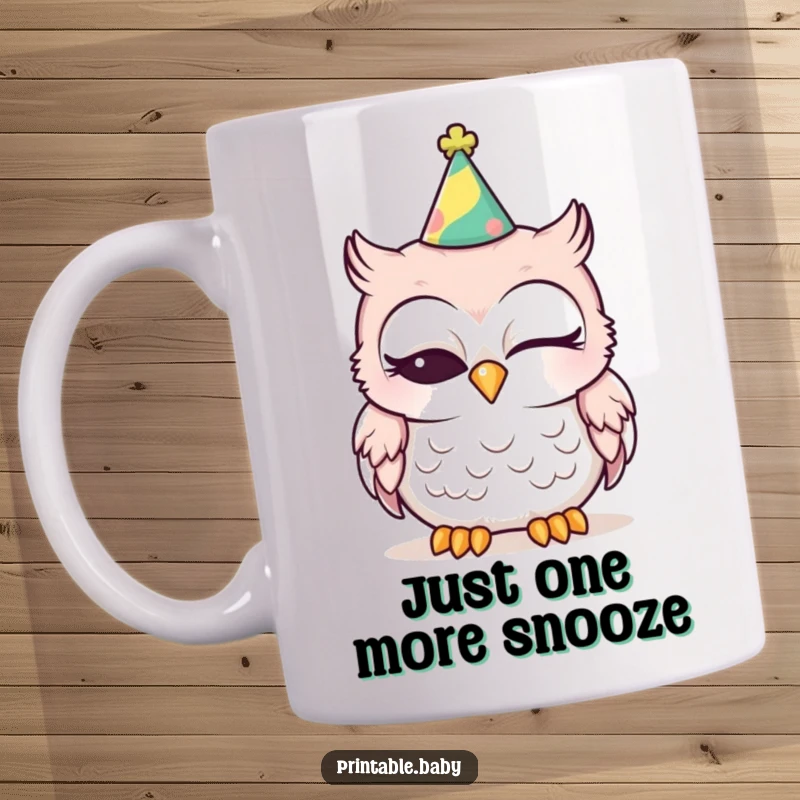 Funny baby owl wearing a silly party hat, one eye closed, looking sleepy on a coffee mug, great for gift.