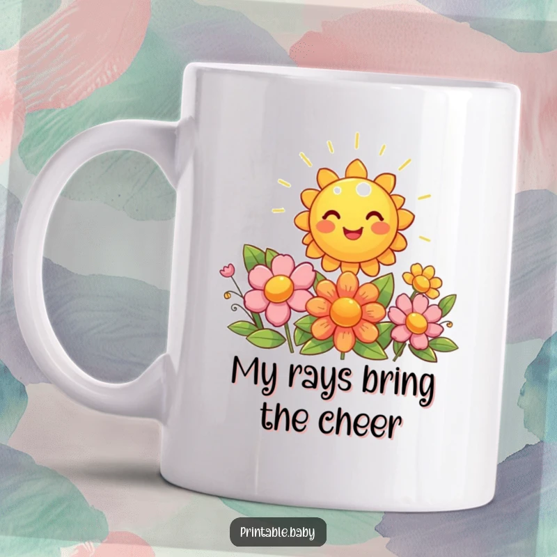 Funny giggling sun mug, shining brightly and bringing smiles to beaming flowers below.
