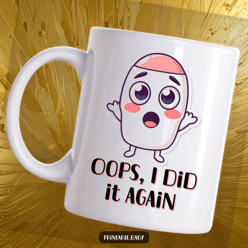 Funny mug showcasing a wide-eyed, surprised eraser character in the act of shrinking a colorful shape with a comical expression.