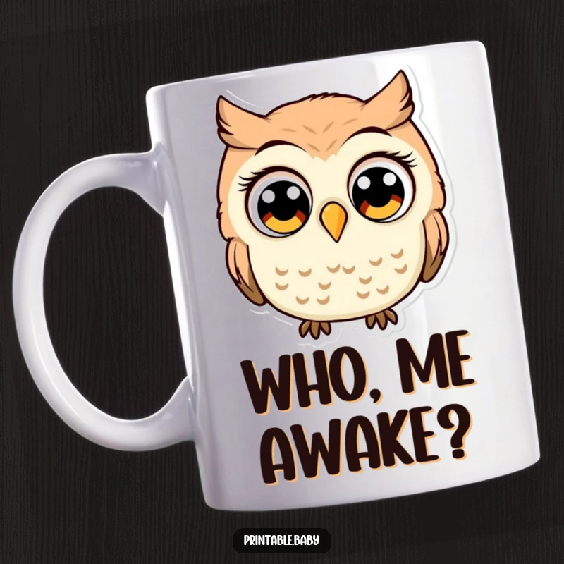 Funny surprised owl with comically large, wide eyes, perched curiously, a humorous mug for expressions of shock.