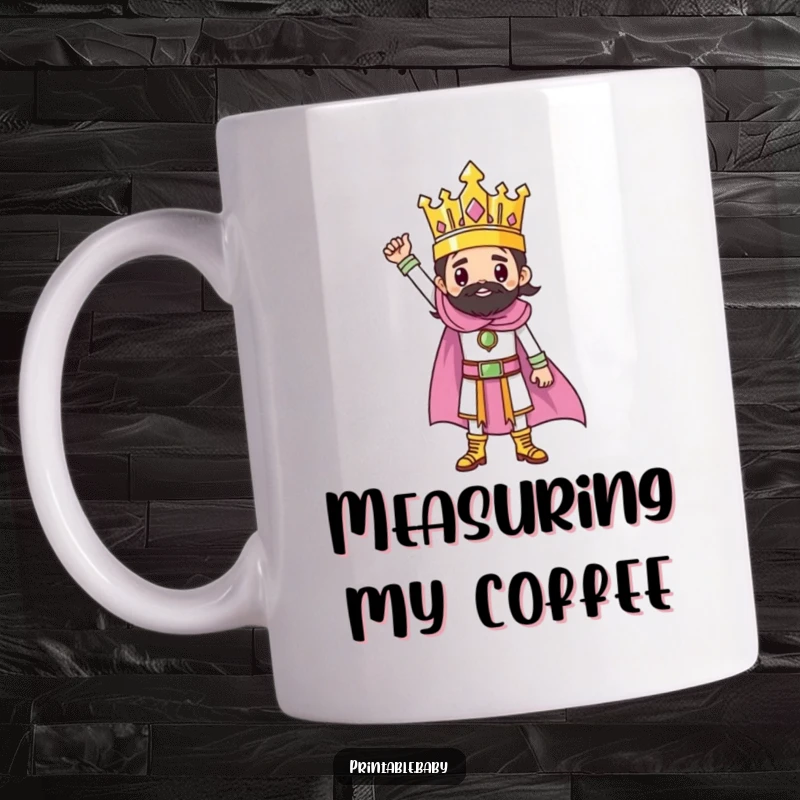 Funny mug showing a triumphant ruler character standing proudly on a completed drawing, celebrating success.