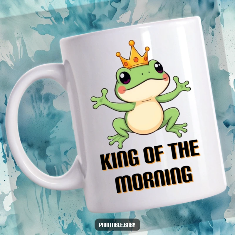 Funny leaping frog wearing a tiny crown, mid-air pose, a humorous mug for a playful royal.