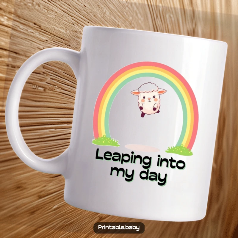 Funny mug featuring a happy sheep leaping joyfully over a vibrant rainbow arch, symbolizing happiness and good fortune.