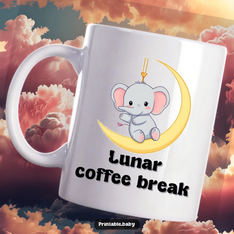 Funny mug featuring a tiny elephant gleefully swinging from a crescent moon, a magical and humorous nighttime scene.