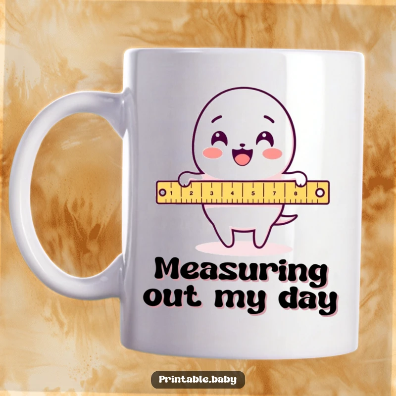 Funny Ruler Mug: A delighted ruler character merrily measuring a loop-de-loop pattern, celebrating precision and fun.