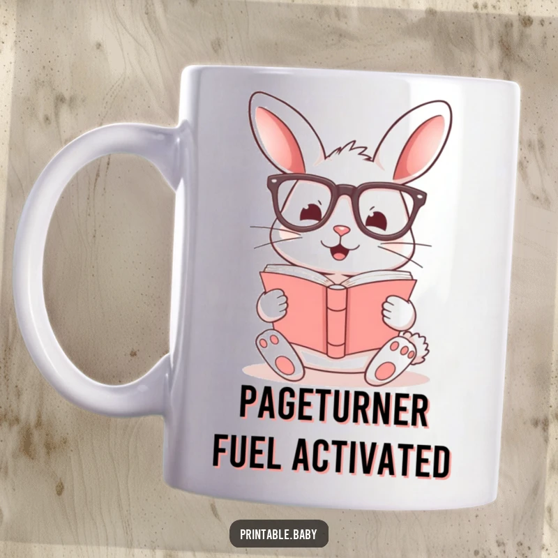 Funny mug featuring a cheerful bunny with oversized glasses engrossed in a book, a perfect gift for readers.