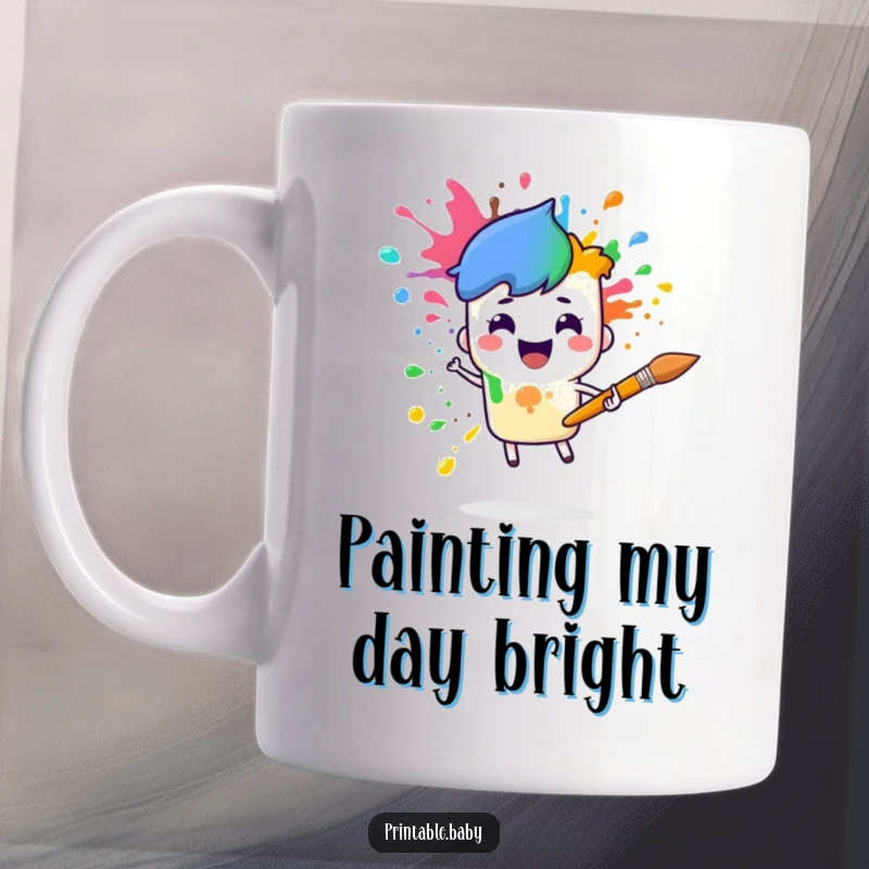 Funny paintbrush character mug showing a cheerful paintbrush splattering rainbow colors mid-air, a vibrant and artistic gift.