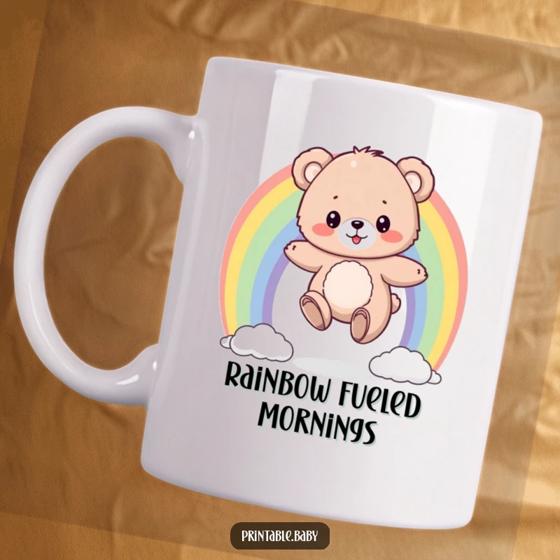 Funny mug featuring a fluffy bear cub bouncing joyfully on a vibrant, colorful rainbow, radiating pure happiness.