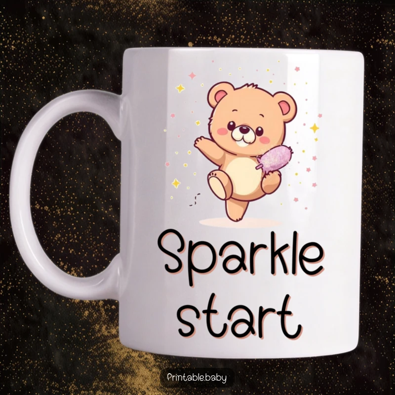 Funny Bear Cub Glitter Mug featuring a tiny bear cub joyfully kicking a giant glitter bomb, showering itself in a cascade of colorful sparkles.