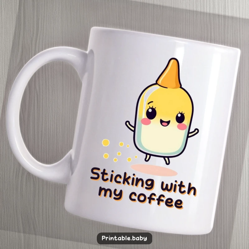 Funny glue stick character mug showing a happy glue stick leaving a trail of sparkly dots, a fun and crafty gift.